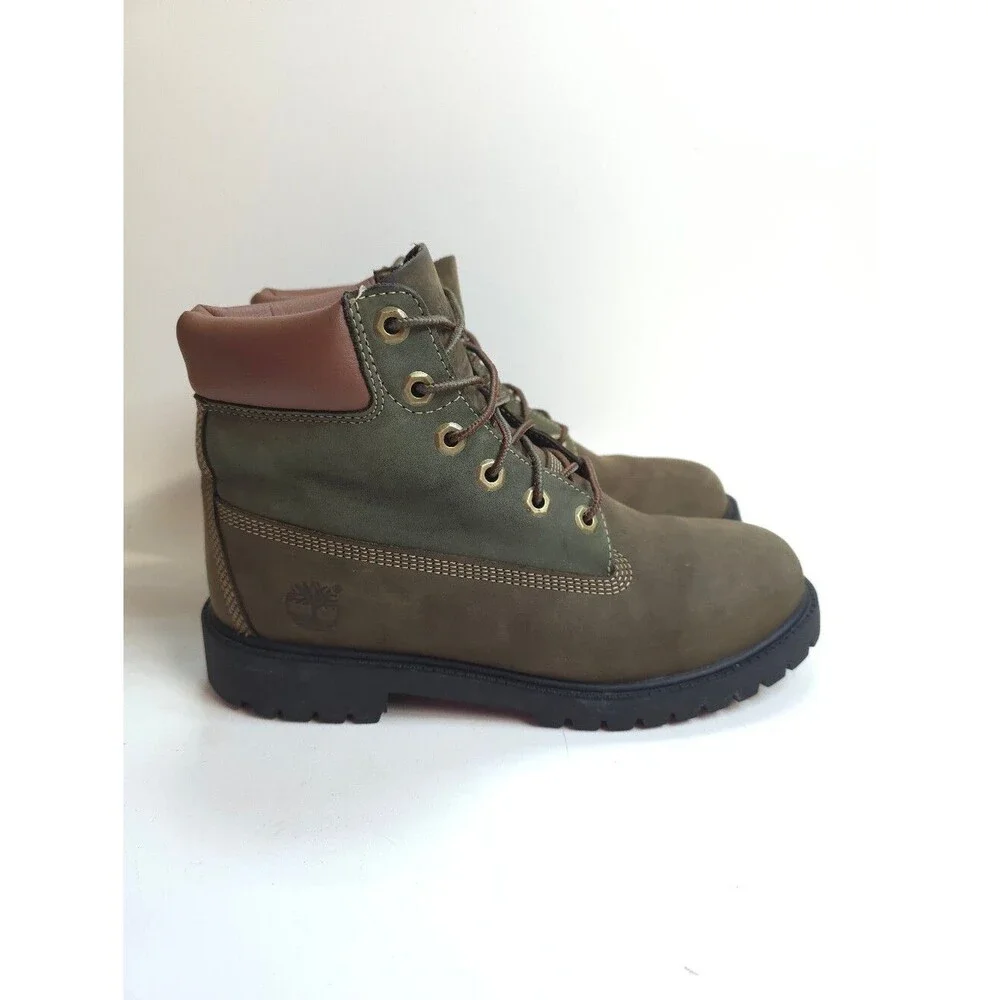 Timberland 6 Inch Premium Waterproof Boots Boys Brown Green Nubuck Size 6.5